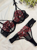 Black Embroidered Net Bra Set