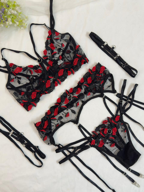 Red Lips Net Embroidered Garter Set