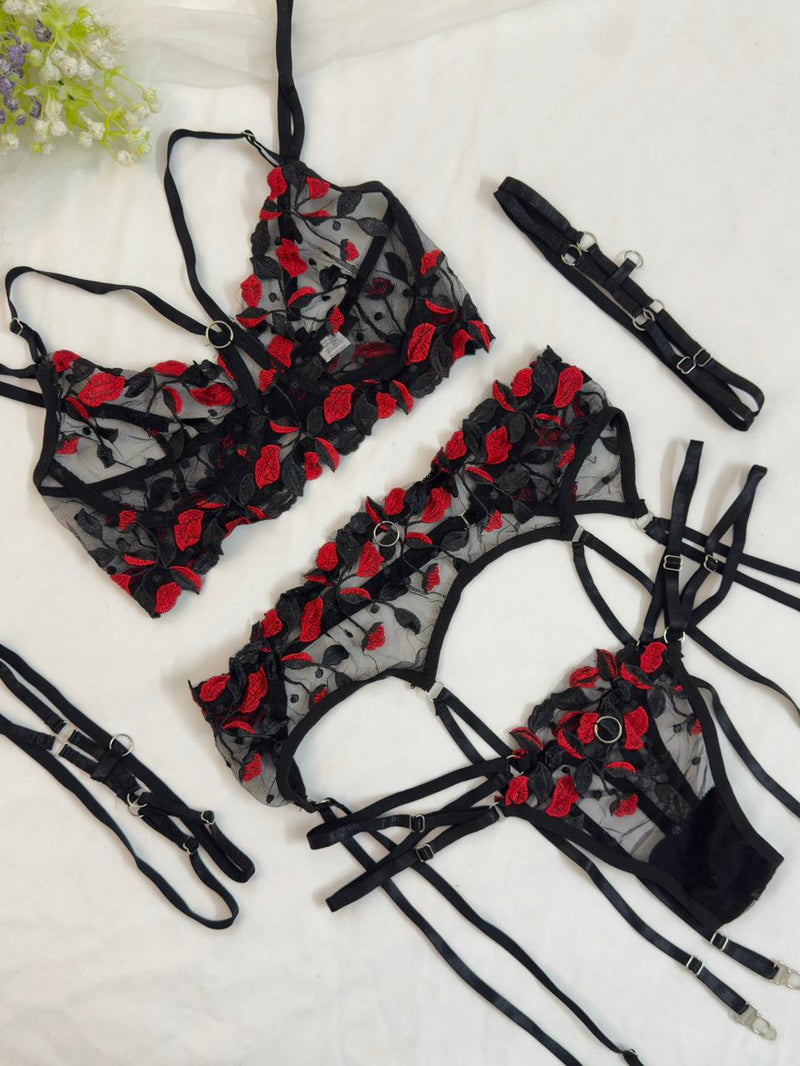 Red Lips Net Embroidered Garter Set
