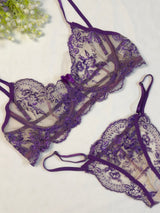 Purple Embroidered Net Bra Set