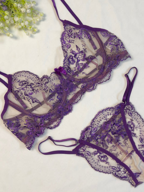 Purple Embroidered Net Bra Set