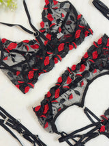 Red Lips Net Embroidered Garter Set