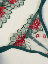 Green Red Embroidered Net Bra Set