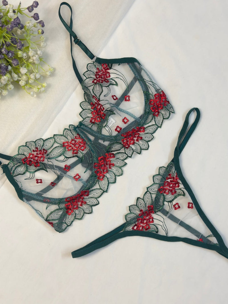 Green Red Embroidered Net Bra Set