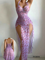 Mini Flower Print Honeymoon Long Slit Gown
