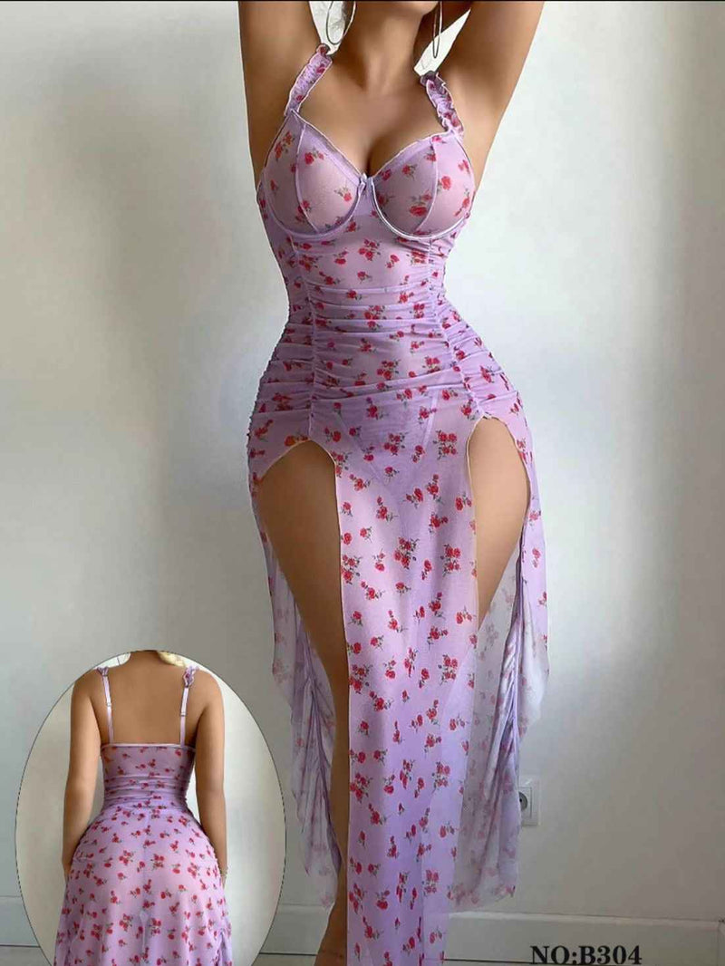 Mini Flower Print Honeymoon Long Slit Gown