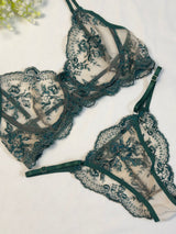 Green Embroidered Net Bra Set