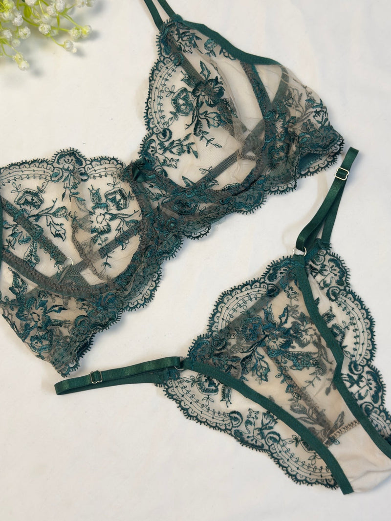 Green Embroidered Net Bra Set