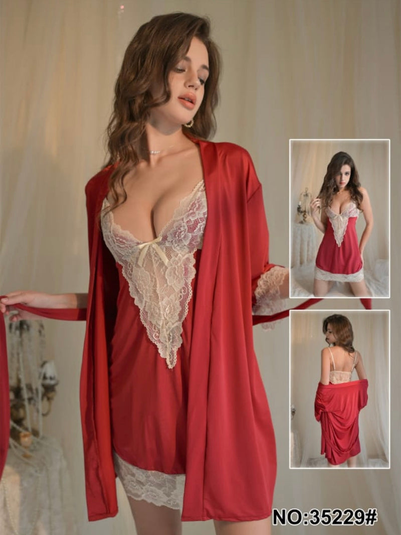 Two Piece Red Nighty with Lace