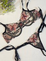 Coral Butterfly Bow Tie Net Bra Set