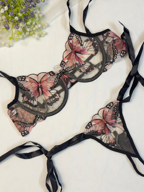 Coral Butterfly Bow Tie Net Bra Set