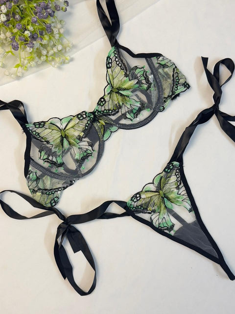 Parrot Green Butterfly Bow Tie Net Bra Set